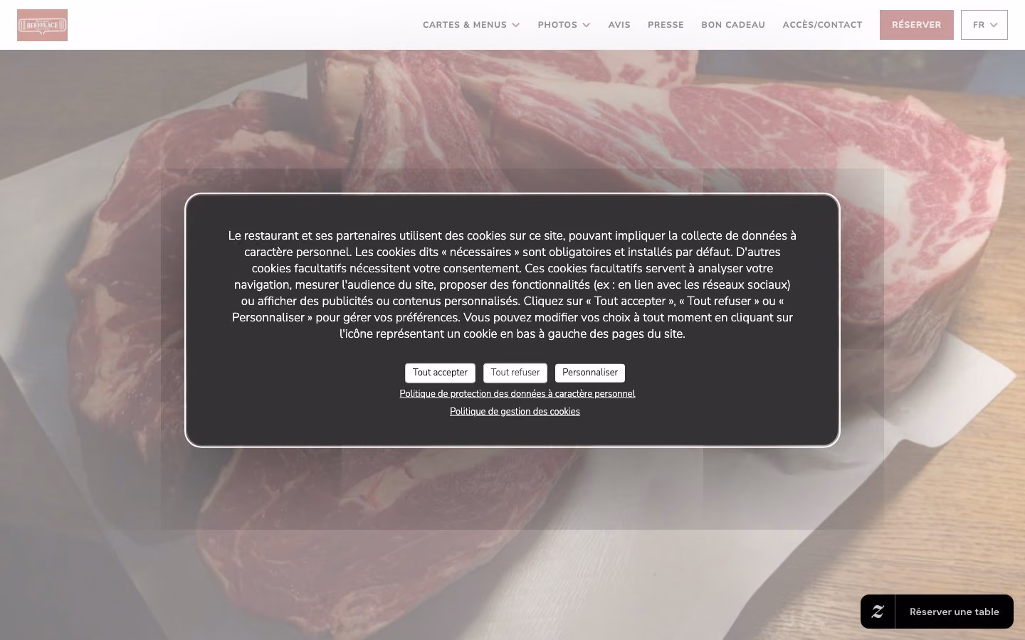 L'ancien site de Beefplace : une photo de viande crue, couverte par un grand bandeau de cookies.