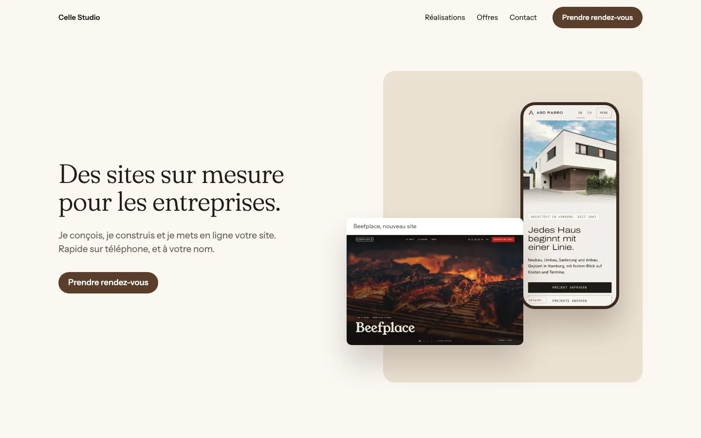 Le site du studio : le bureau filmé, son écran, et le bouton de rendez-vous.