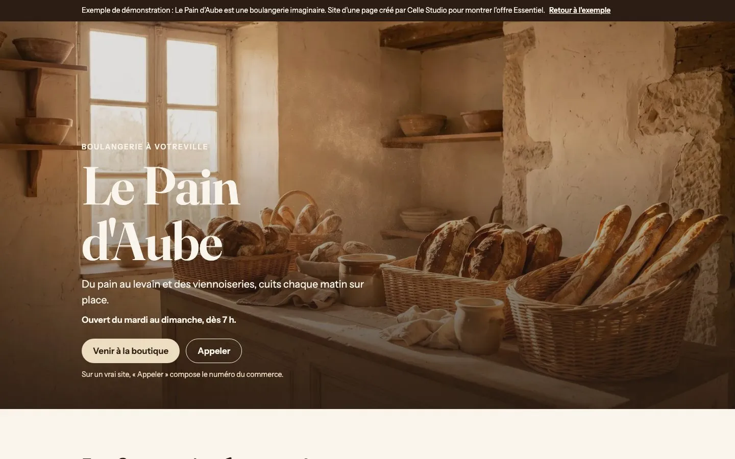 Le site du Pain d'Aube : le comptoir de la boulangerie au matin, son nom en grand et deux boutons.